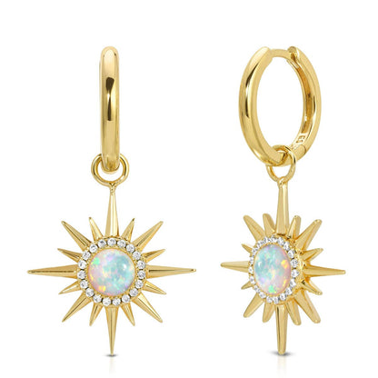 Gold hoop earrings with star-shaped opal stones on a white background