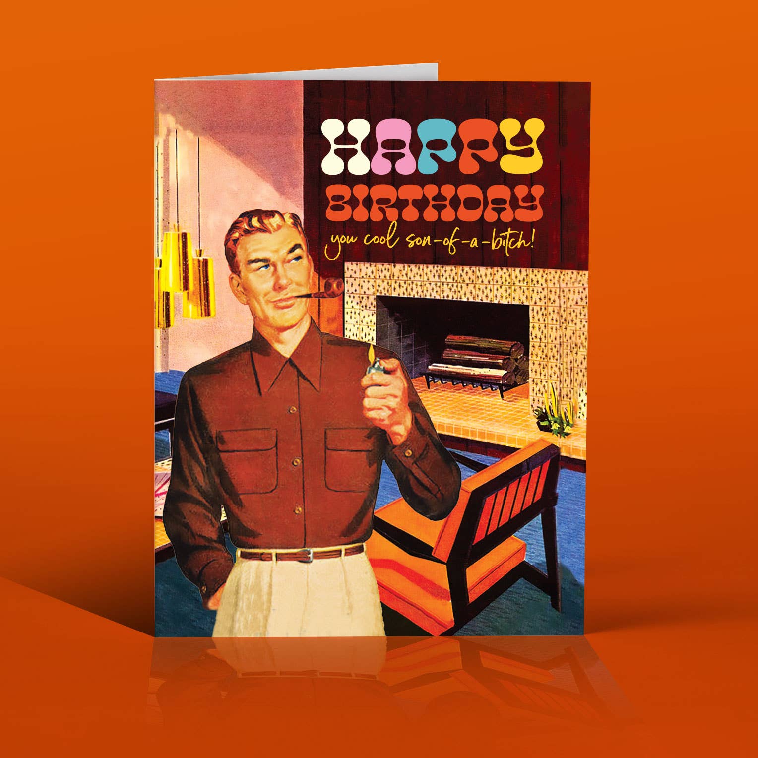 Birthday card with a retro-style illustration of a man smoking, set against an orange background.