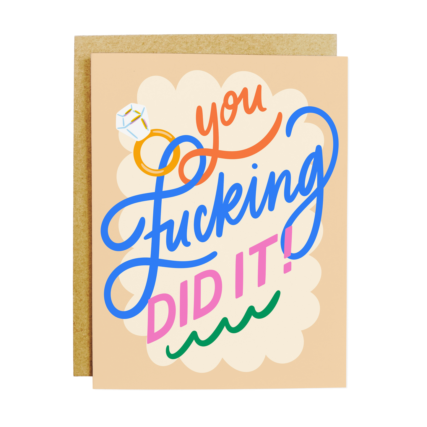 Greeting card with colorful text on a beige background
