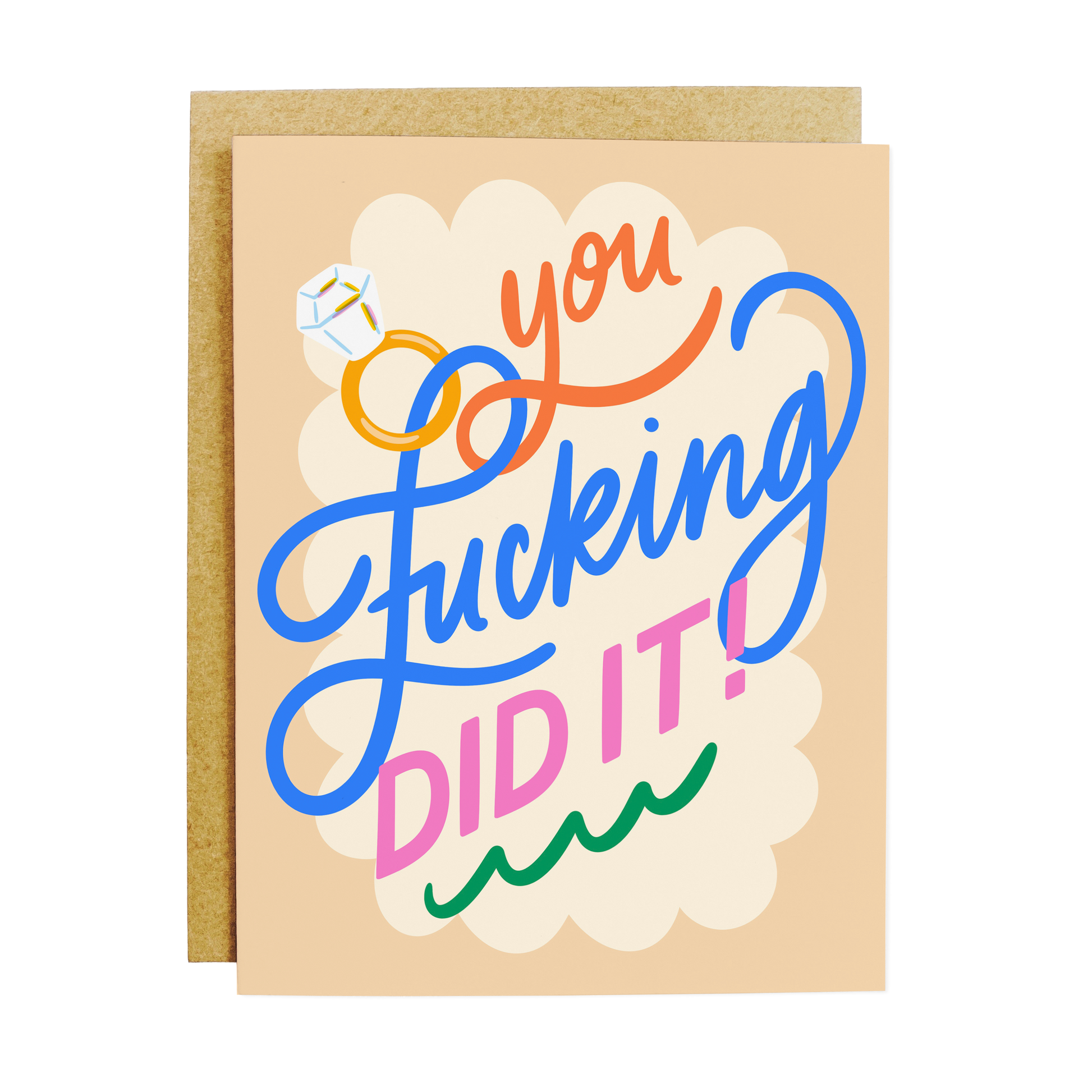 Greeting card with colorful text on a beige background