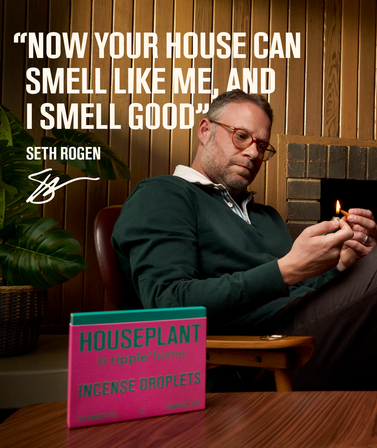 Man lighting an incense cone with a quote and product display in a cozy room.