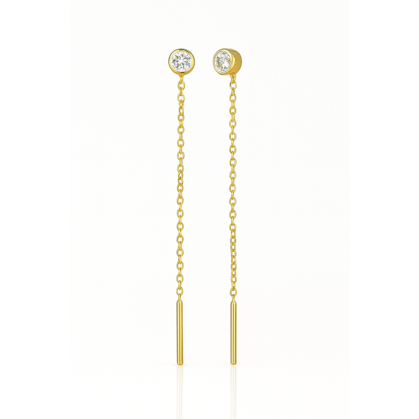 Gold chain earrings with small round tops on a white background