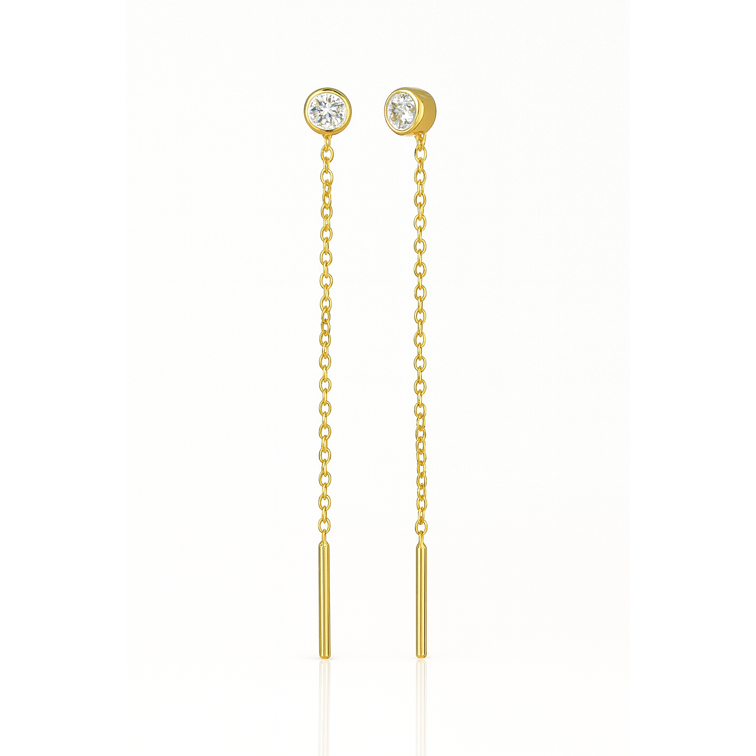 Gold chain earrings with small round tops on a white background