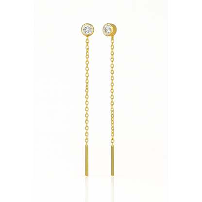 Gold chain earrings with small round tops on a white background