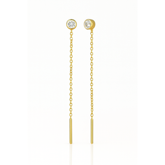 Gold chain earrings with small round tops on a white background