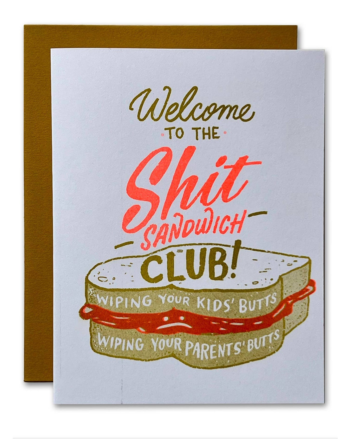 Card with a sandwich graphic and humorous text on a white background