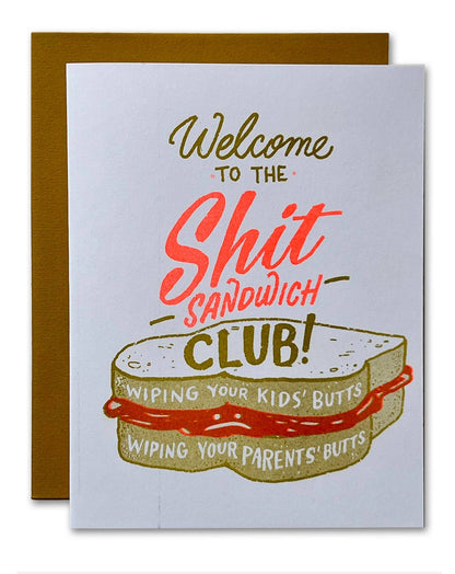 Card with a sandwich graphic and humorous text on a white background