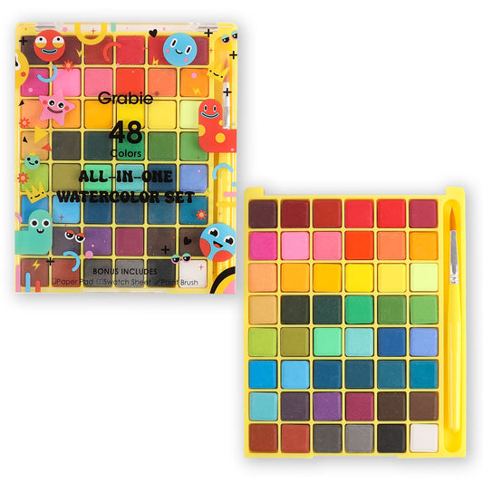 Grable 48 Colors All-in-One Watercolor Set with colorful packaging and color swatches.