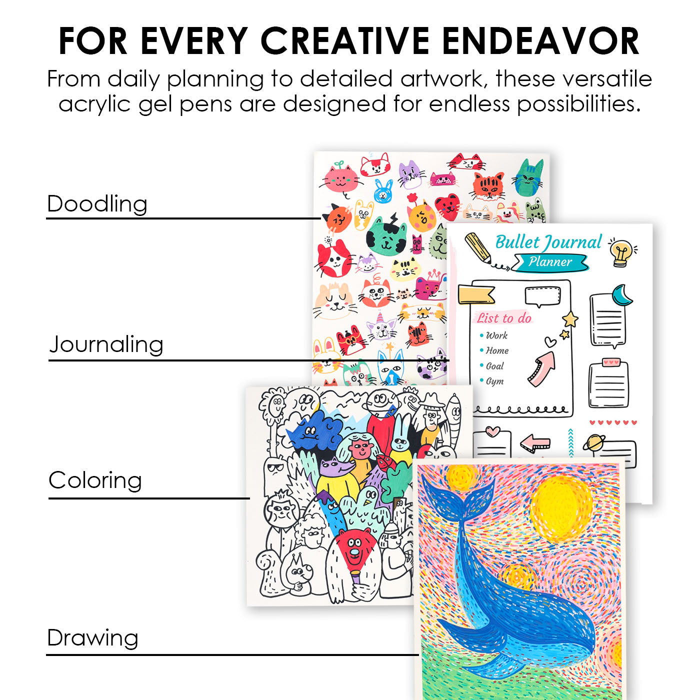 Acrylic gel pens with examples of use for doodling, journaling, coloring, and drawing.