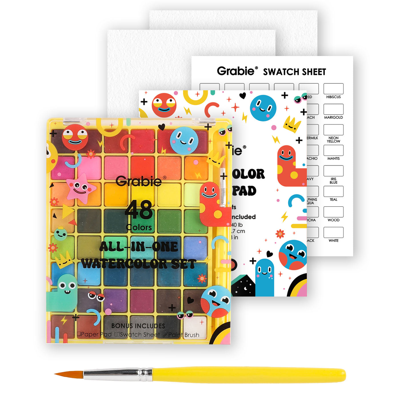 Color swatch sheet, watercolor set, and brush on a white background