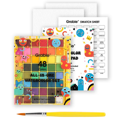Color swatch sheet, watercolor set, and brush on a white background