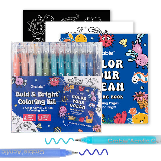 Grabie Bold & Bright Coloring Kit with acrylic gel pens and coloring book on a white background
