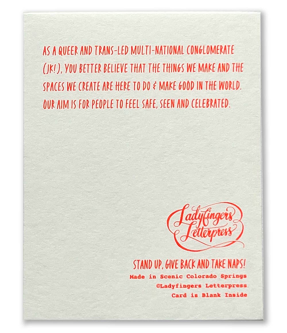 Letterpress card with red text and Ladyfingers Letterpress logo on a textured beige background