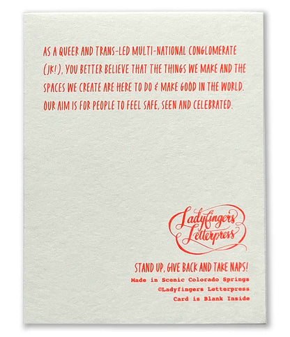 Letterpress card with red text and Ladyfingers Letterpress logo on a textured beige background