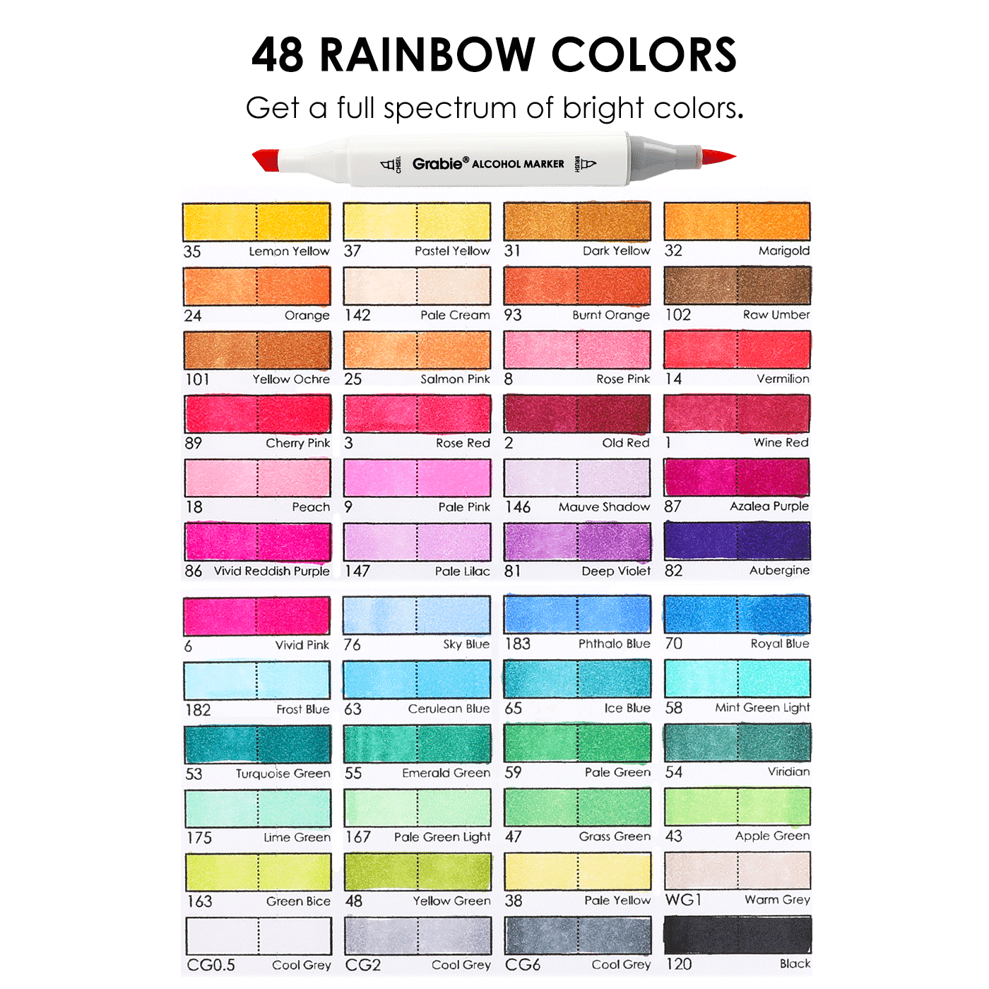 Color chart with 48 rainbow colors and a marker labeled 'Grafix Alcohol Marker' on a white background.