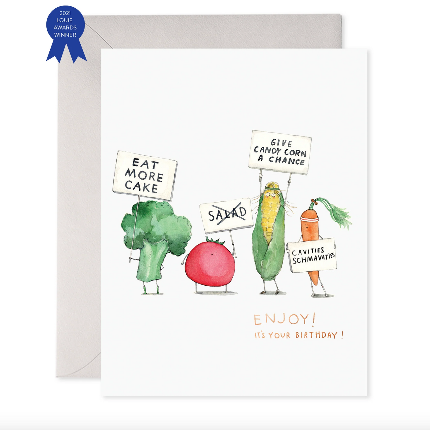 Greeting card with a cartoon illustration of vegetables including broccoli, carrot, and cucumber with signs and a cake, with the text 'Enjoy! It's your birthday!'.