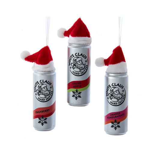 White Claus Seltzer With Santa Hat Ornament