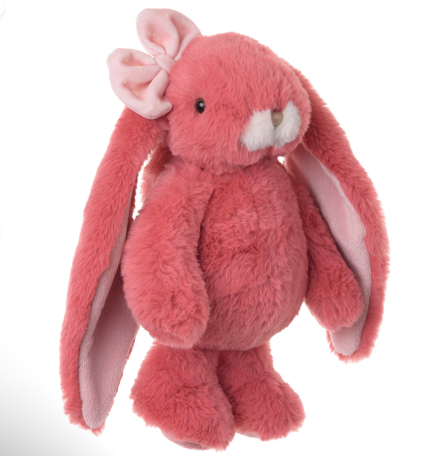 Pink plush bunny toy on a white background