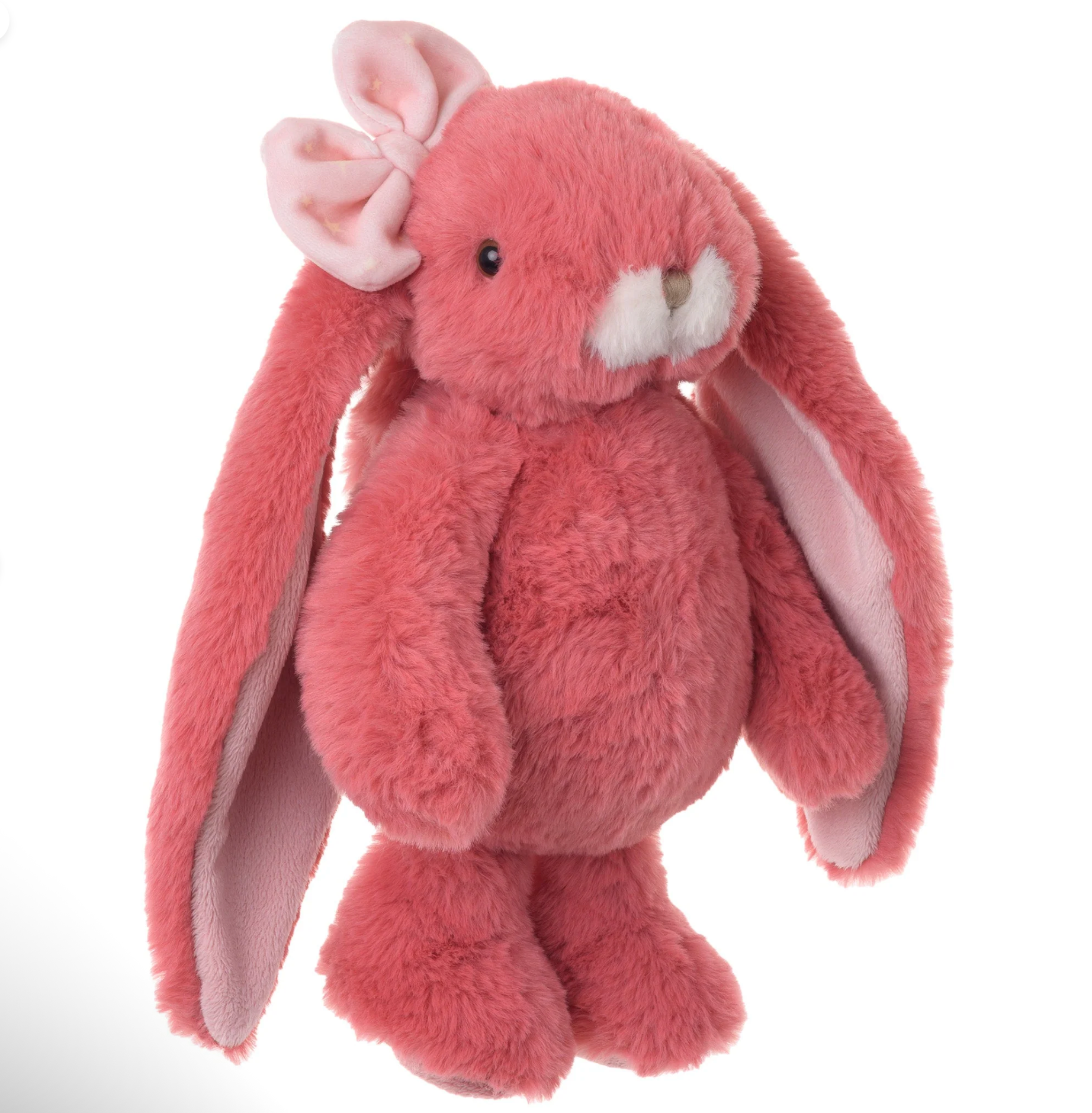Pink plush bunny toy on a white background