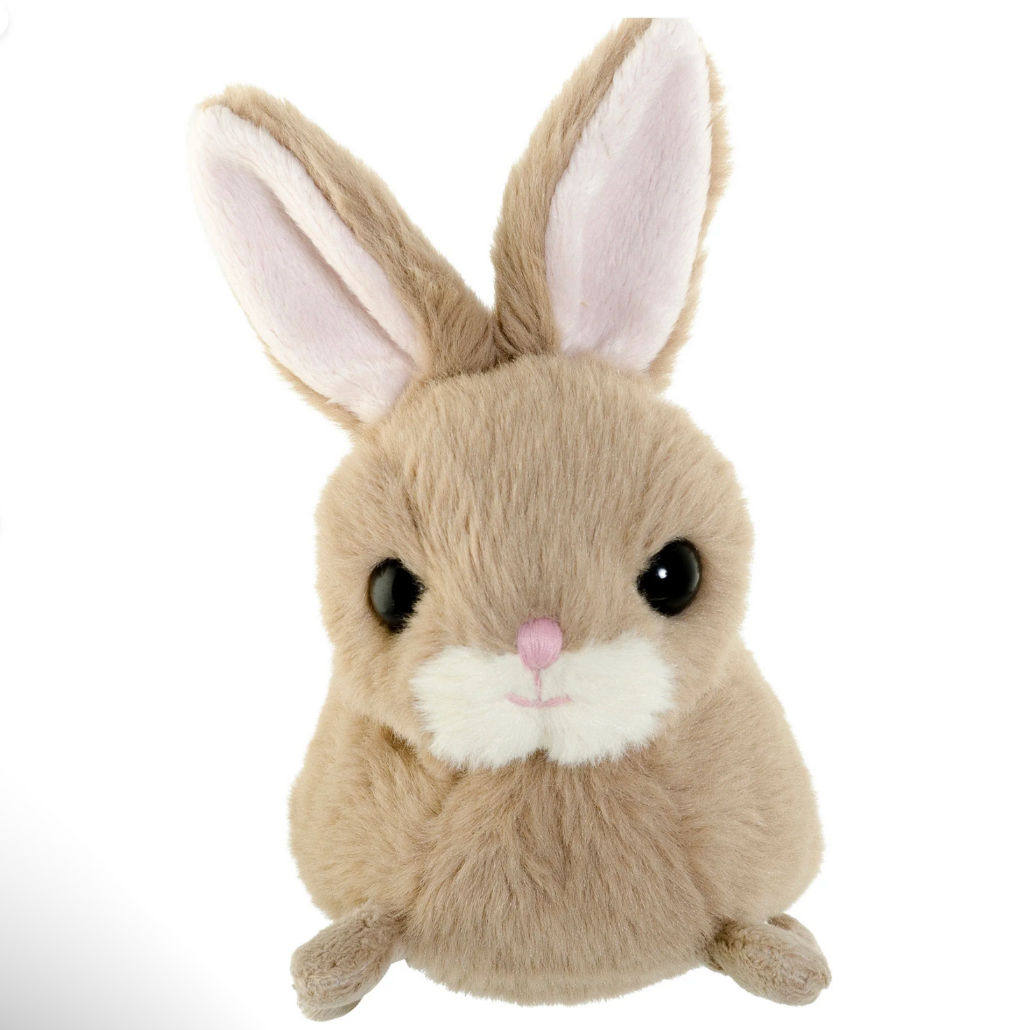 Plush toy rabbit with a white belly on a white background