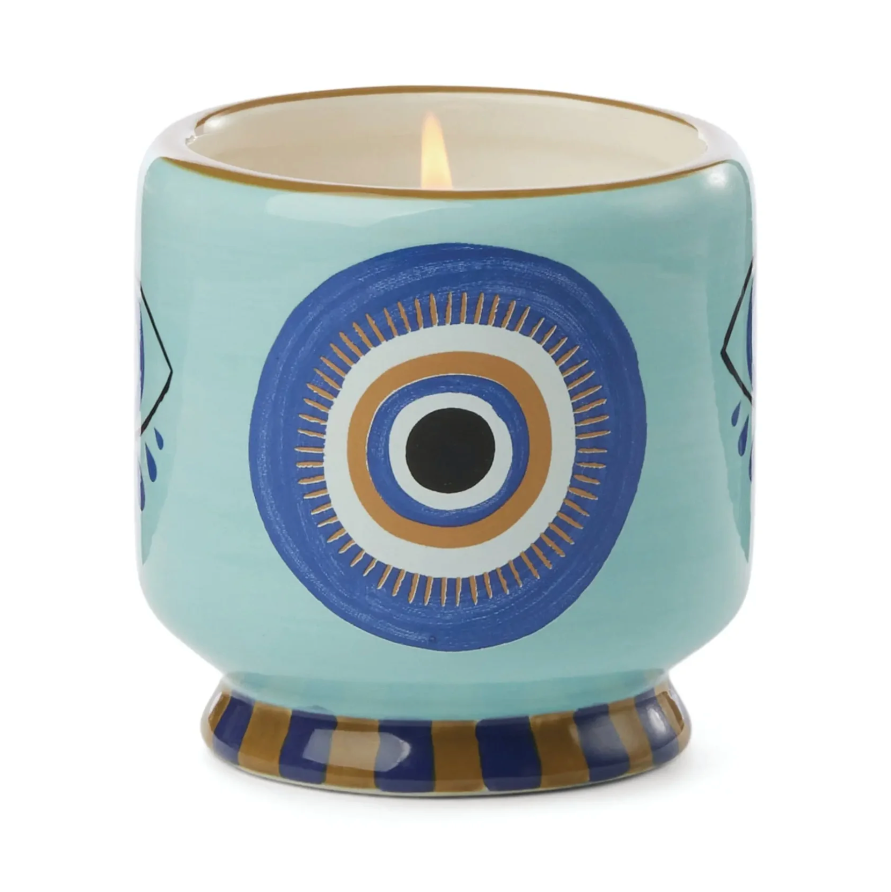 Ceramic candle holder with decorative design on a white background