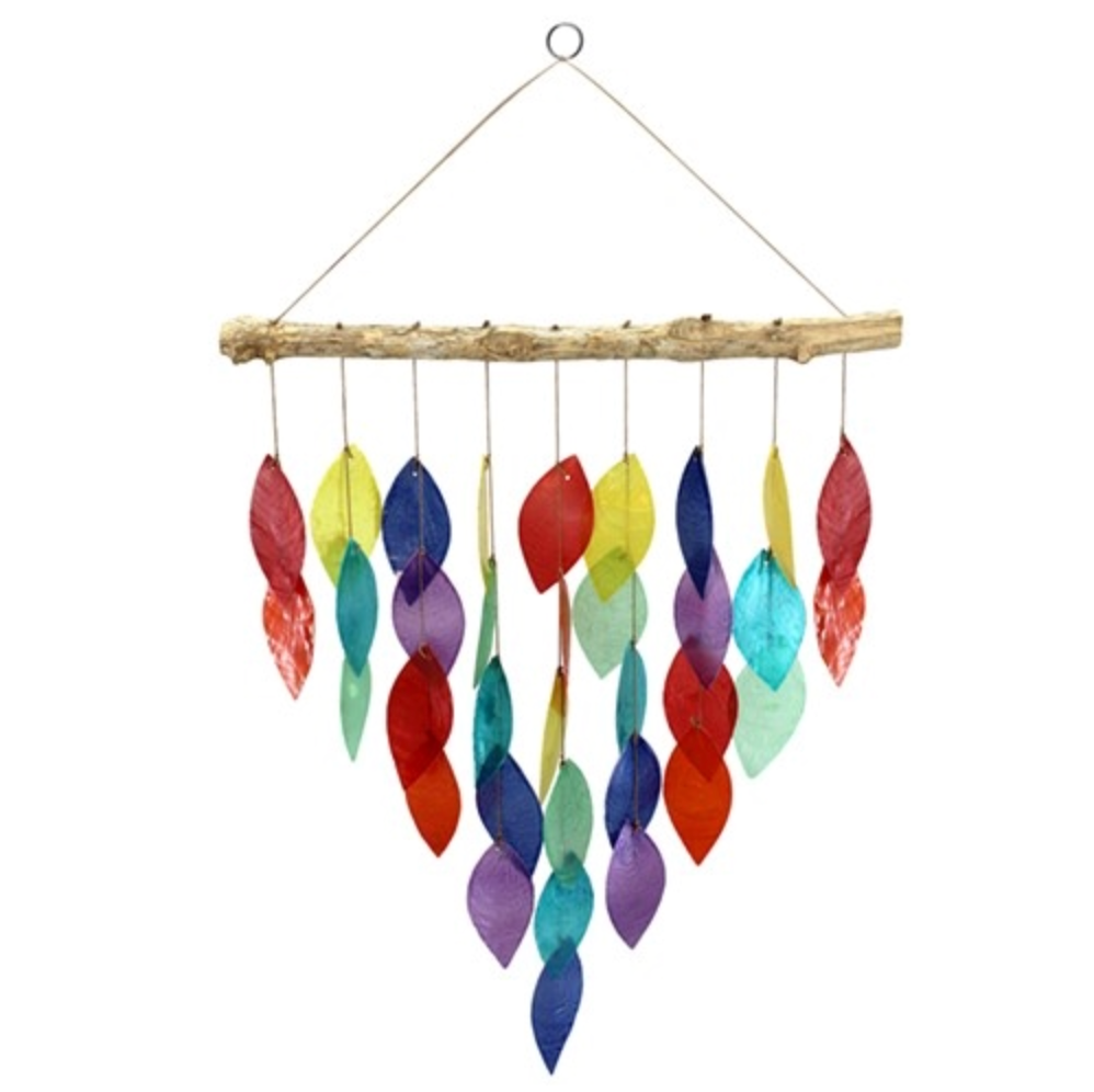 Colorful wind chime with hanging leaves on a white background