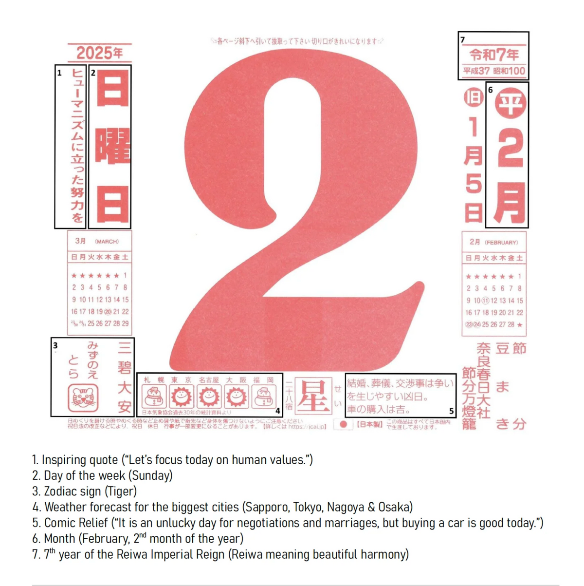A Japanese calendar page design with a large red number 2 over a light gray background, surrounded by calendar panels, kanji characters, and a list of seven text prompts below.