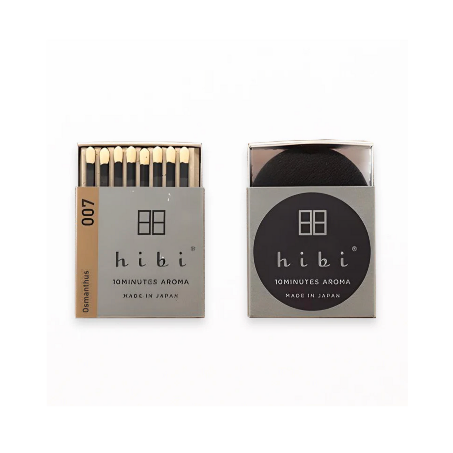 Two boxes of hibi matches on a white background