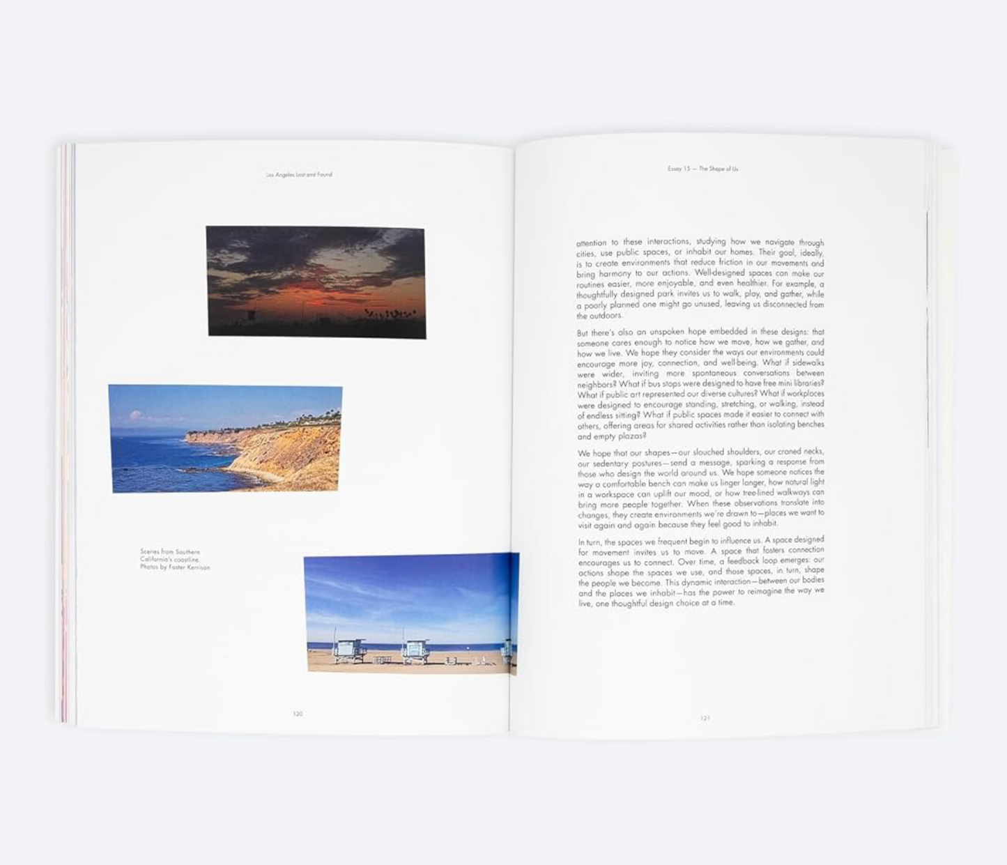 An open book showing two printed pages with text and three small landscape photographs, photographed against a clean white background.