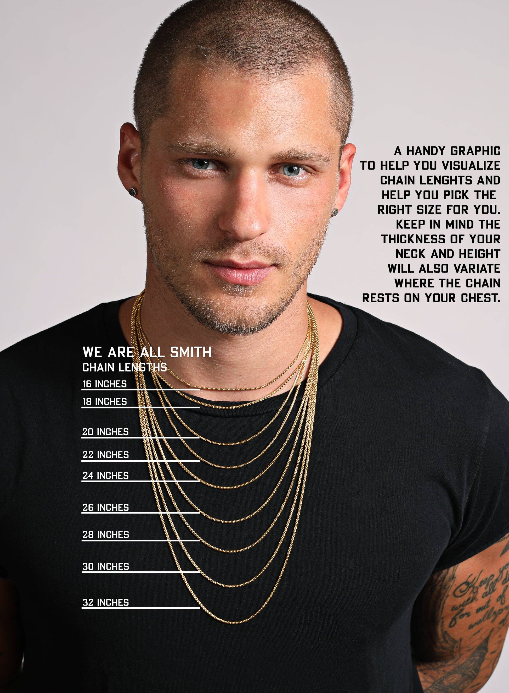 Man wearing gold chains with a chart on his black t-shirt, against a gray background.