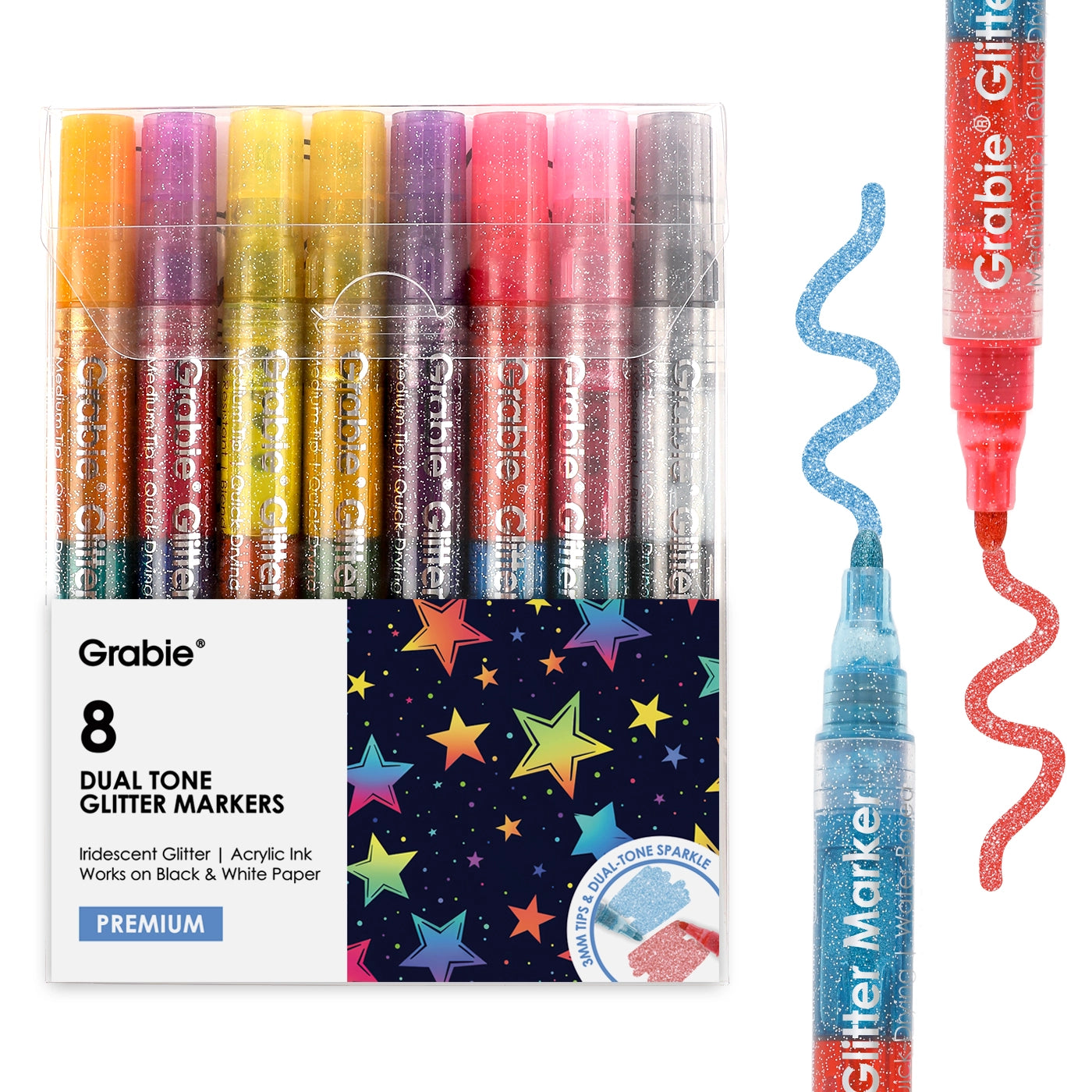 Pack of Grabie dual-tone glitter markers with a sample marker on a white background