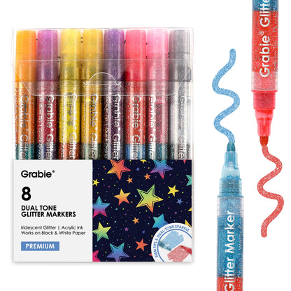 Pack of Grabie dual-tone glitter markers with a sample marker on a white background