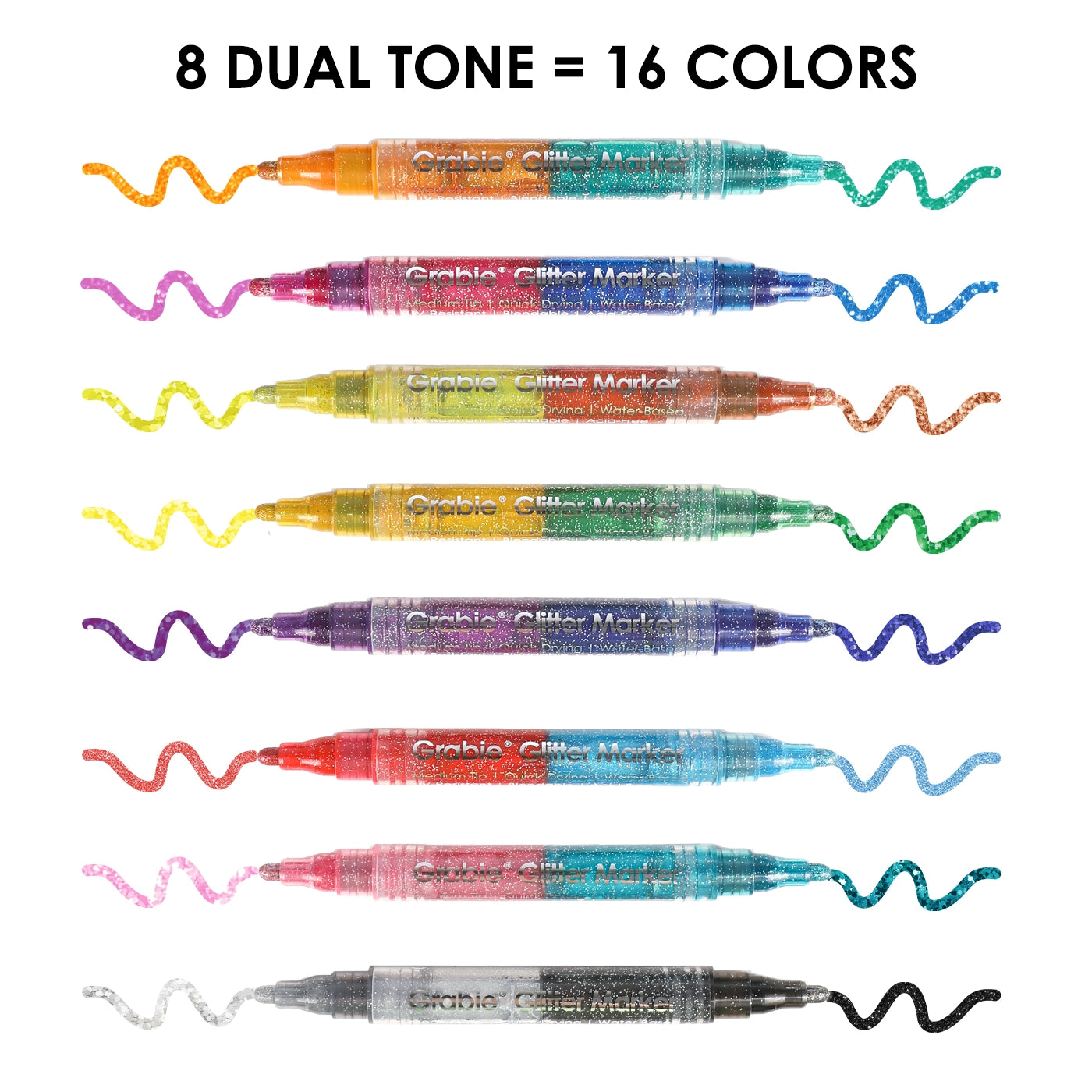 Set of dual-tone glitter markers with color options on a white background