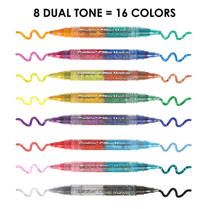Set of dual-tone glitter markers with color options on a white background