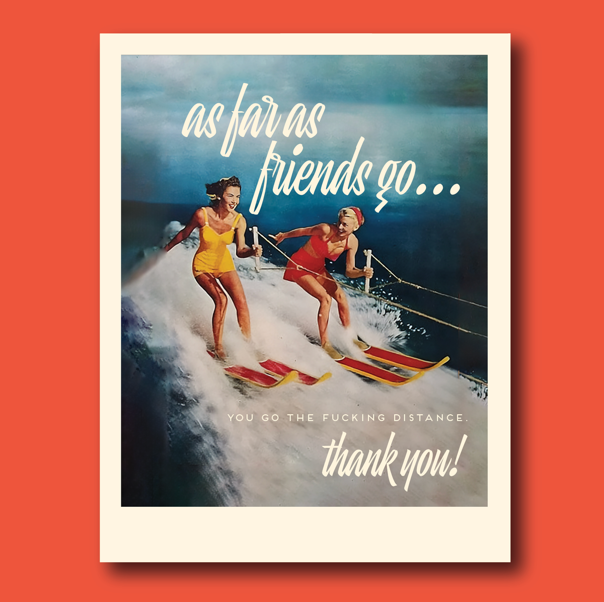 Vintage-style poster with two women water skiing and humorous text on a red background