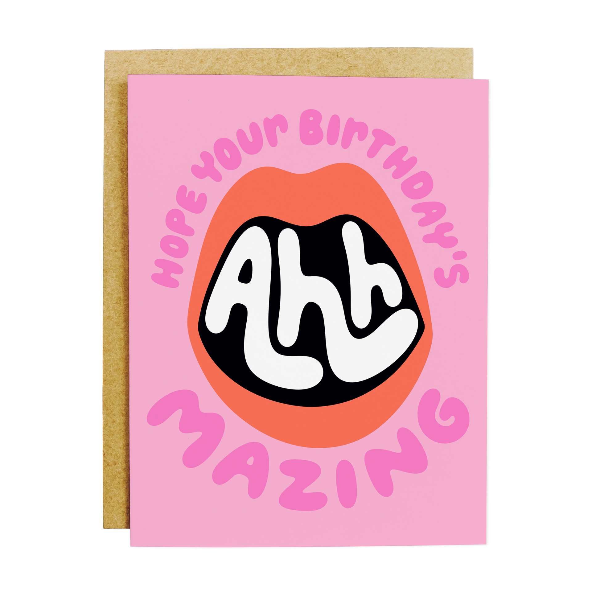 Pink birthday card with a mouth graphic and text on a white background