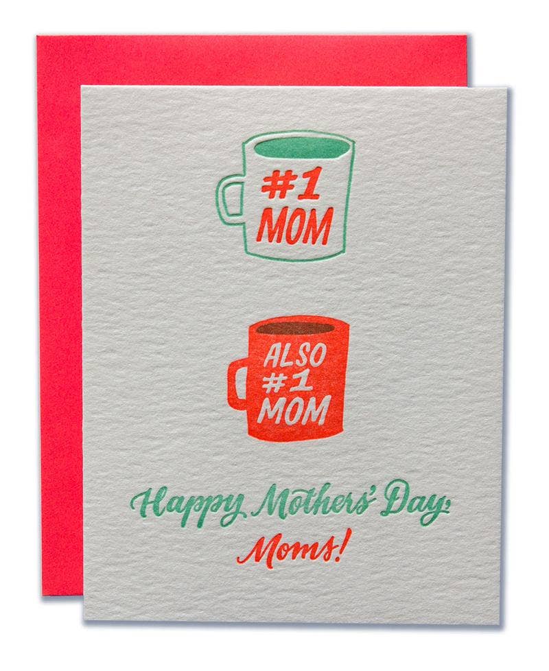 Mother's Day card with coffee mugs and text on a gray background with red envelope.