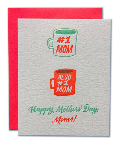 Mother's Day card with coffee mugs and text on a gray background with red envelope.