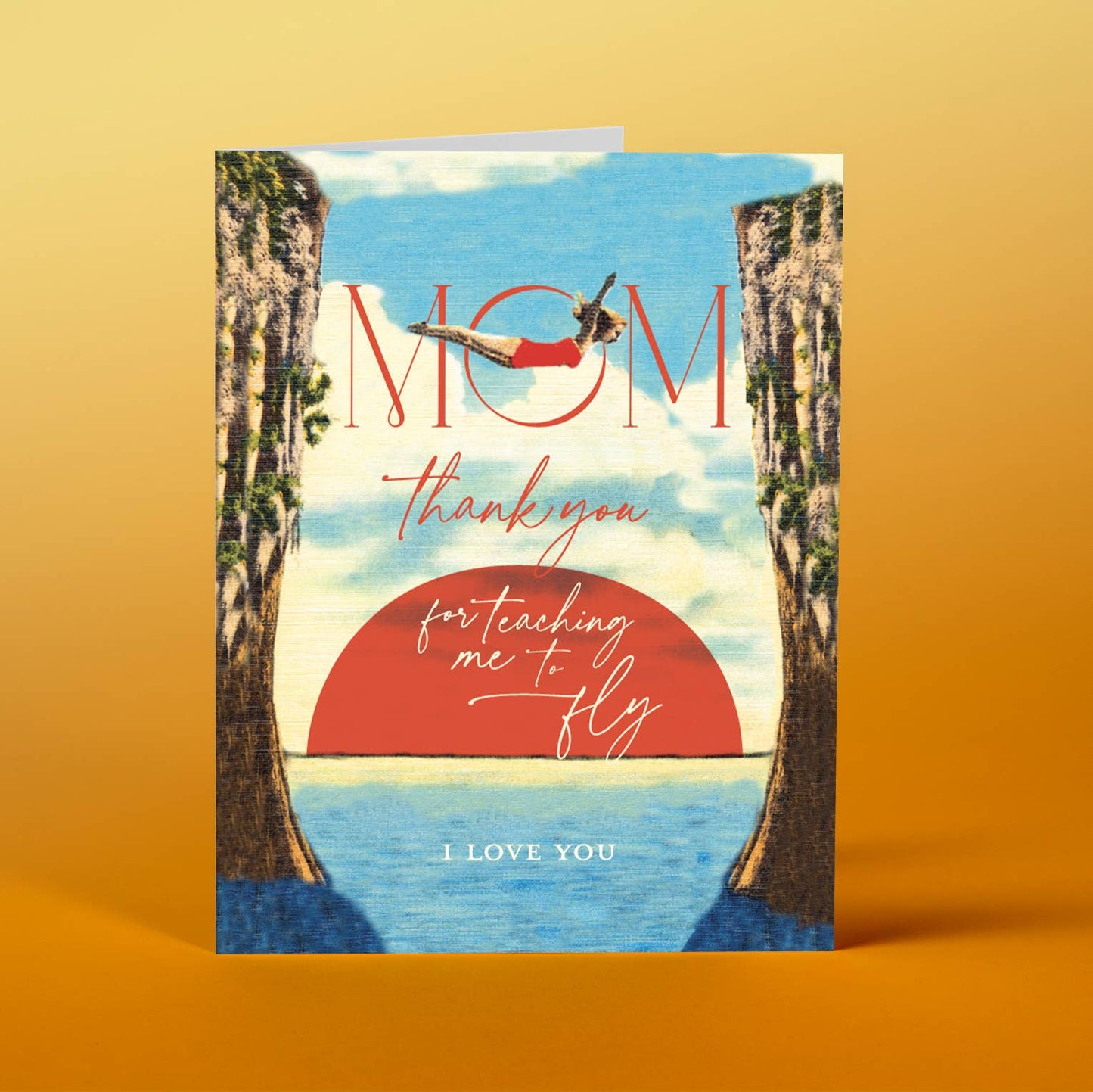 Greeting card with a woman diving into water, trees, and text on a yellow background