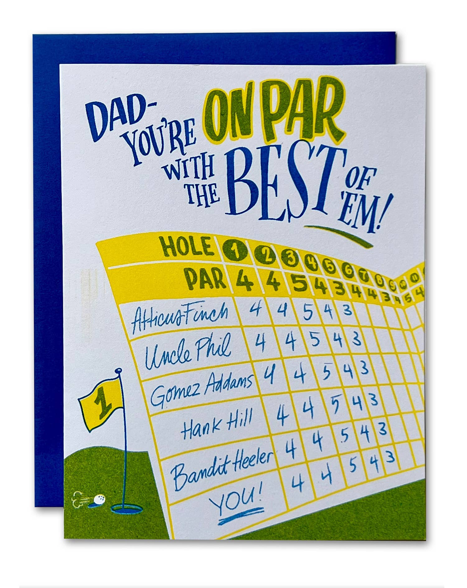 Greeting card with golf-themed design and humorous text on a white background