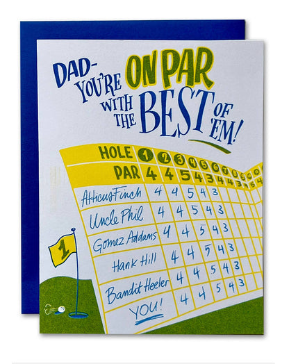 Greeting card with golf-themed design and humorous text on a white background