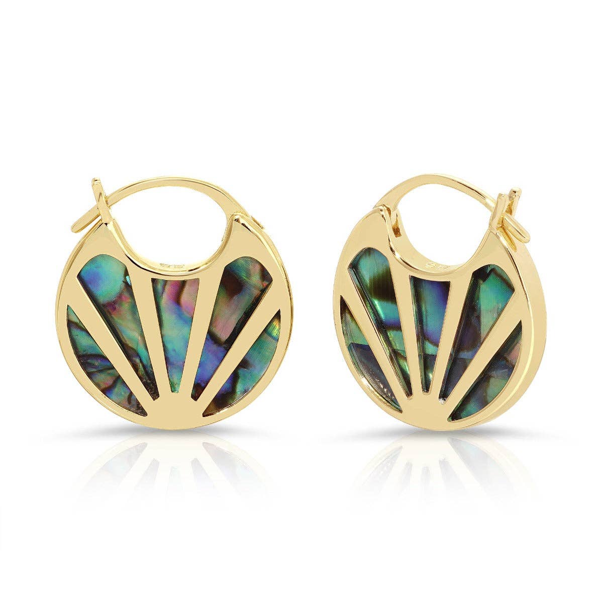 A pair of gold hoop earrings with a scalloped shell-like cutout design filled with iridescent abalone shell inlay, shown on a white background with a soft reflection.