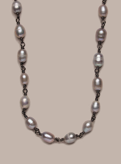 925 Oxidized Sterling Silver Gray Pearls Necklace for Men