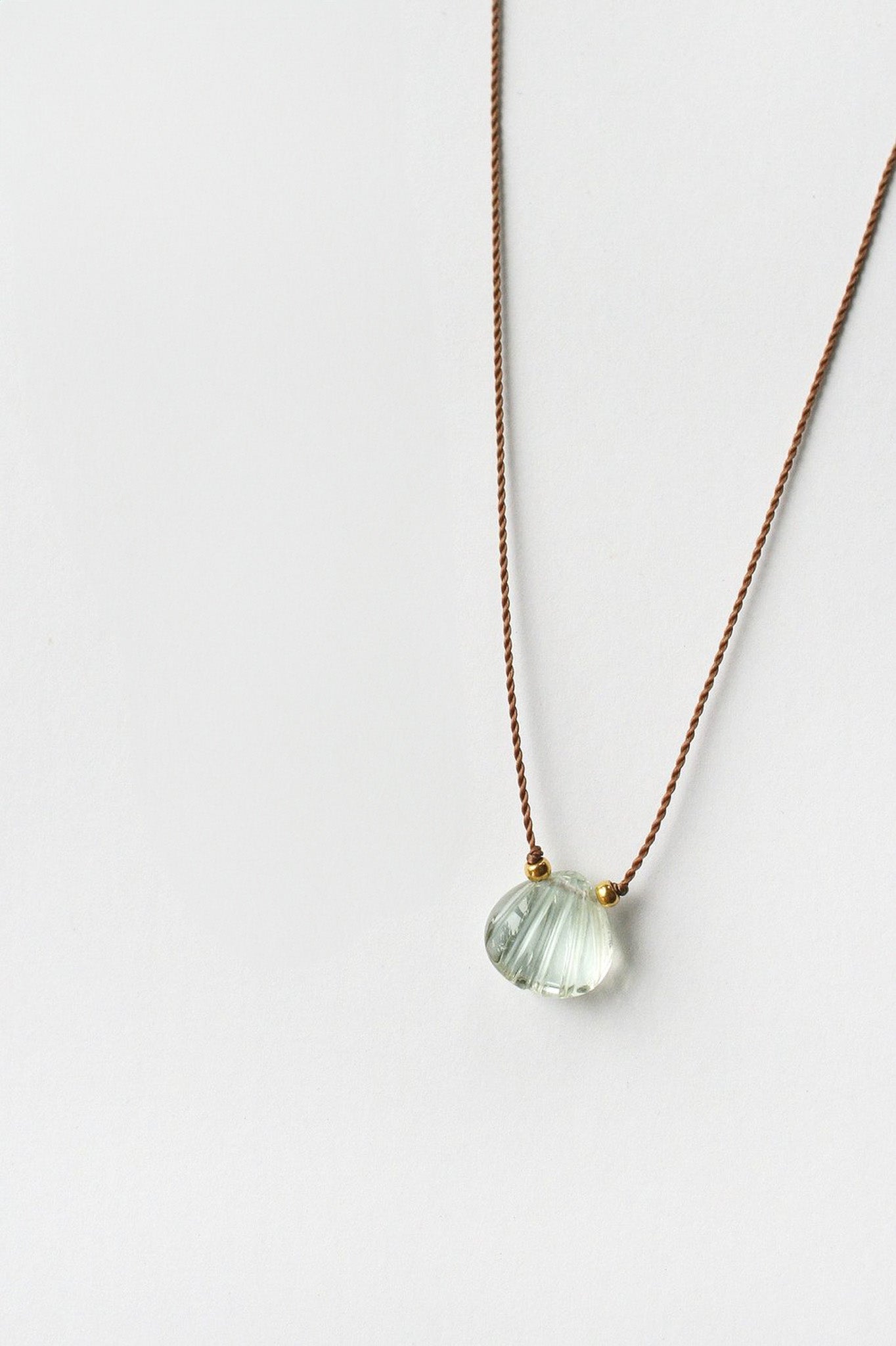 Green Amethyst Clam Shell Amulet w/ Gold Beads
