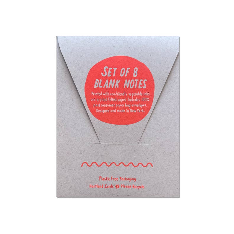 A kraft paper envelope-style package with a red circular sticker reading 'SET OF 8 BLANK NOTES' on a white background.