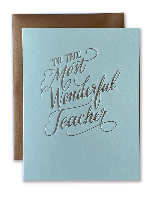 Greeting card with 'To the Most Wonderful Teacher' text on a light blue background