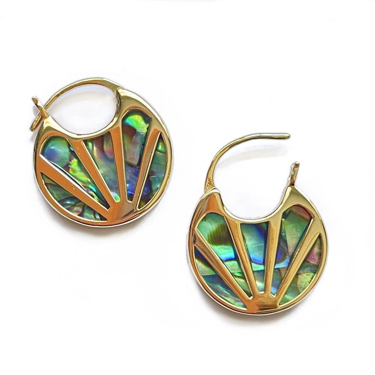 A pair of gold hoop earrings with a fan-shaped inlay of iridescent abalone shell, displayed on a clean white background.