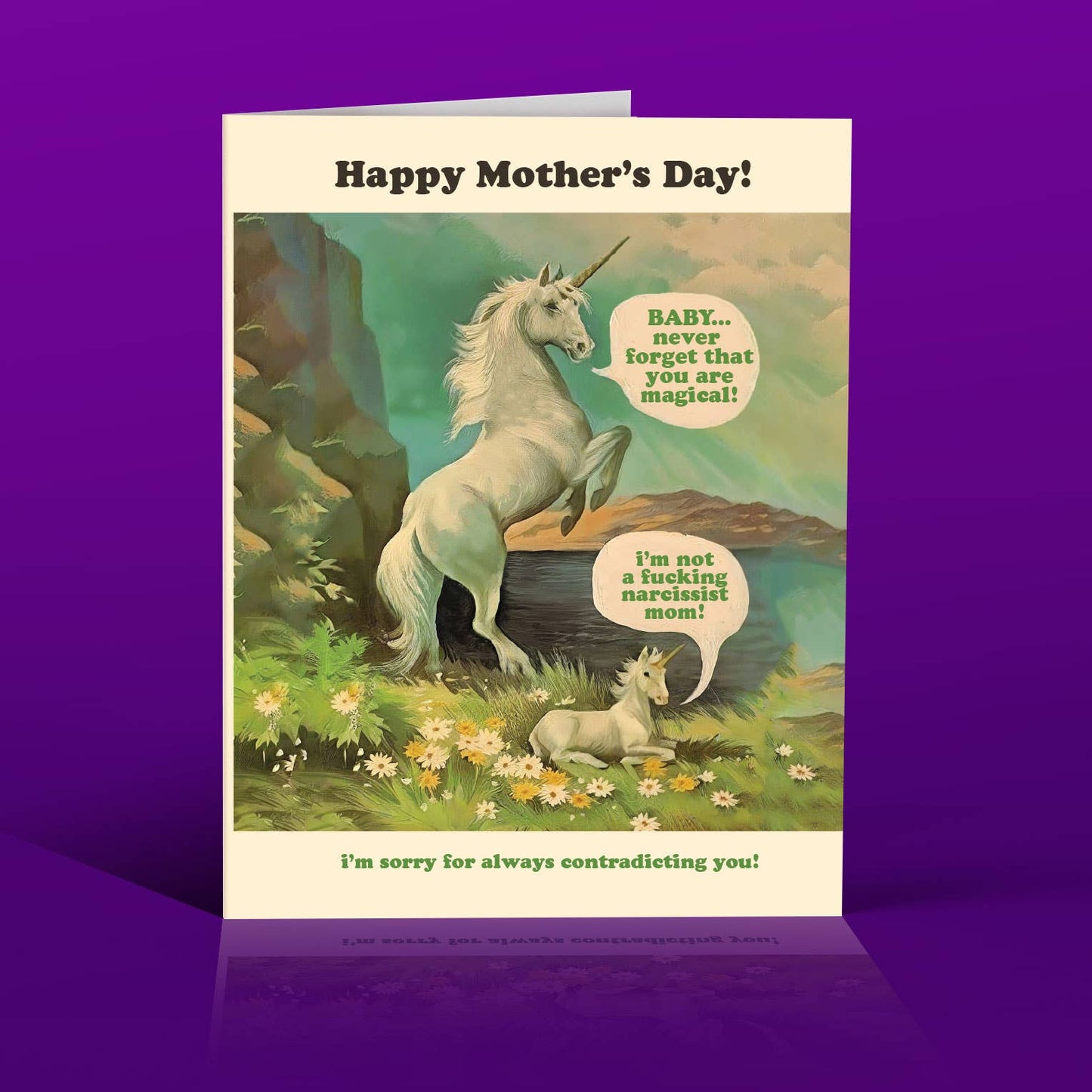 Mother's Day card with unicorns and humorous text on a purple background