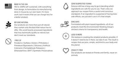 List of product features and sustainability claims on a white background