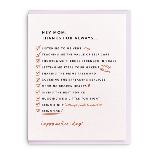 Mother's Day card with humorous checklist for mom on a white background